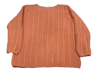 L.L.Bean Cotton Cable Knit Sweater Medium Coral Orange 3/4 Sleeve